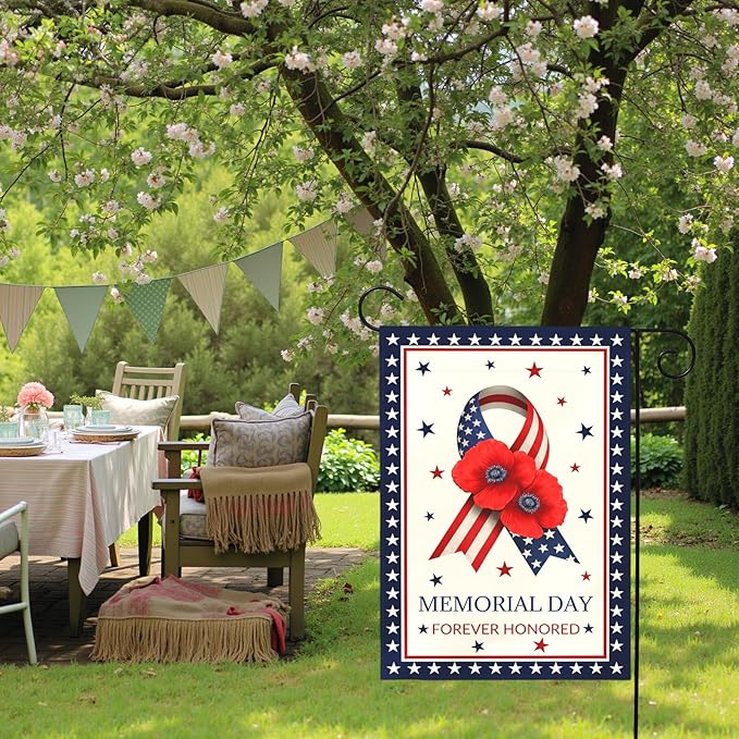 Memorial Day Garden Flag Forever Honored Patriotic Outdoor Yard American Flags Ribbon Poppy Honor Fallen Soldiers Military Remembrance House Banner Porch Patriotic Home Decor 12x18 Inch