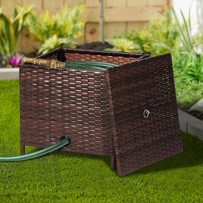Decorative Garden Hose Storage Box with Lid, Weather Resistant Handwoven PE Rattan Water Hose Holder, Storage For Garden Tools, 200FT 5/8'' Hose Capacity