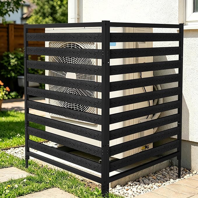 Outdoor Privacy Fence Screen 2 Panels, 54.5" H × 39.4" W Metal Air Conditioner Fence, No-Dig Pool Equipment Enclosure with Metal Stake, AC Unit Cover, Trash Bin Hider for Garden&Backyard, Black