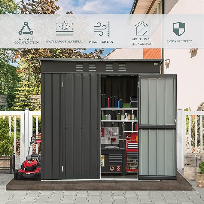 Christopher Knight Home Avonn Backyard Storage Shed with Sloping Roof Galvanized Steel Frame Outdoor Garden Shed Metal Utility Tool Storage Room with Latches and Lockable Door (6x4ft, Dark Gray)