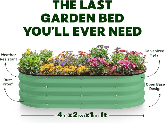 Plant & Plot Galvanized Raised Garden Beds Outdoor // 4×2×1 ft Planter Raised Beds for Gardening, Vegetables, Flowers (Light Green) // Large Metal Garden Box