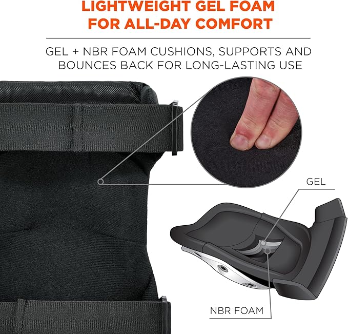 Ergodyne ProFlex 435 Gel Foam Knee Pads with Comfort Hinge Straps, Rubber Hard Cap, Buckle Closure