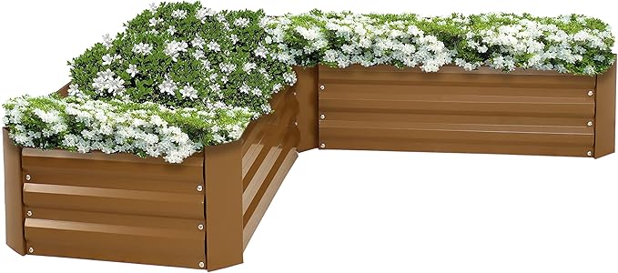Sunnydaze Galvanized Raised Garden Bed Kit - 5x5x1 ft Outdoor Raised Garden Bed - Metal Planter Box for Vegetables, Flowers, Herbs - Brown - L-Shaped