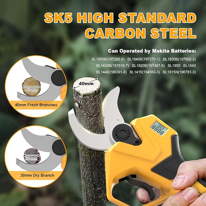Electric Pruning Shears for Gardening, Battery Pruning Shears Max 2.4” Opening Diameter, Electric Pruner with LCD Display & 2 x 2000mAh Batteries for Branch, Fruit Plucking and Tree Trimming