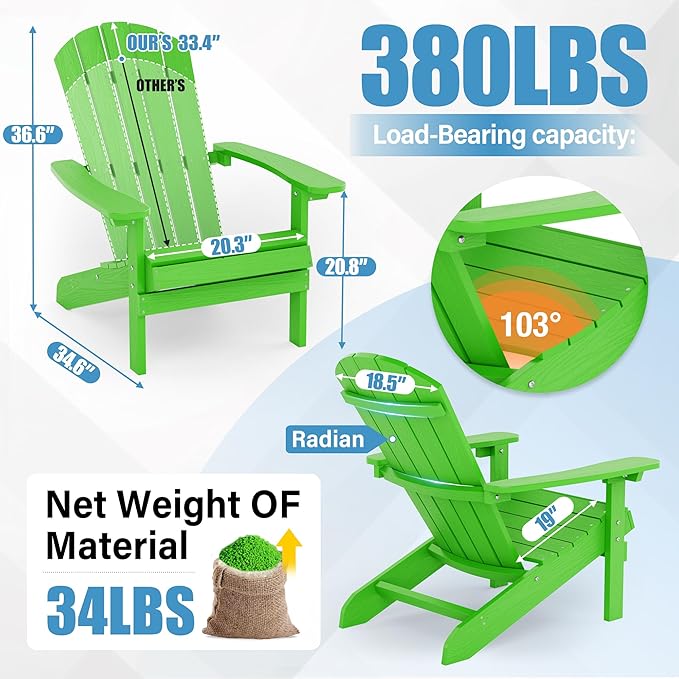 YEFU Adirondack Chairs Set of 2 Plastic Weather Resistant, Outdoor Chairs 5 Steps Easy Installation for Outdoor, Patio, Campfire (Lime)
