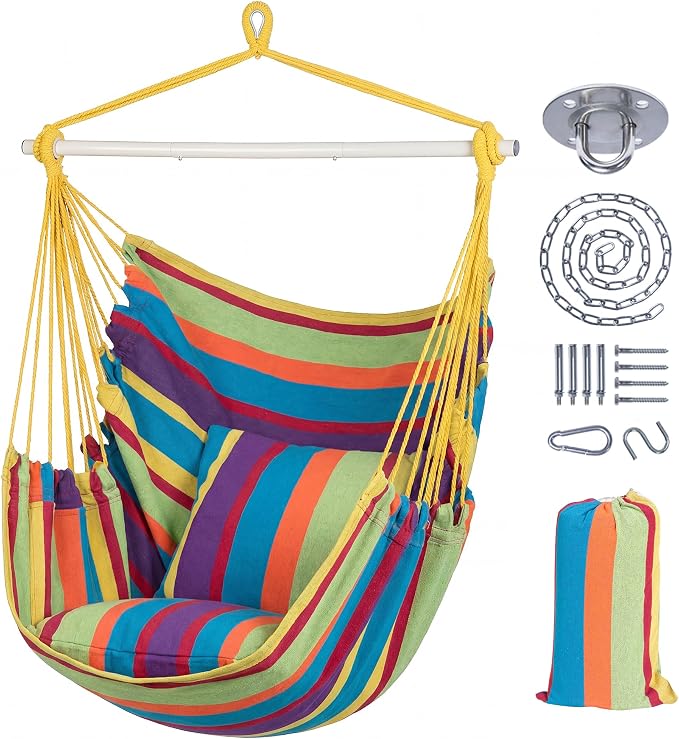 SUNCREAT Hammock Chairs Hammock Chair Swing with Steel Support Bar, Side Pocket, Large Swing Chair for Bedroom, Patio, Garden, Rainbow