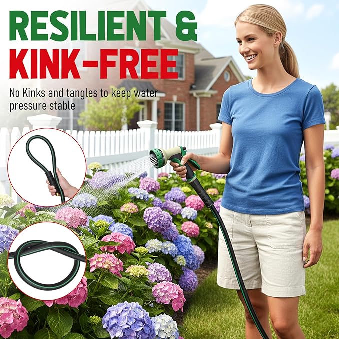 Heavy Duty Garden Hose 75 ft, NON-EXPANDABLE Water Hose with 10 Function Spray Nozzle, Lightweight Kink-less Hybrid Hose with Swivel Handle, Male to Female Fittings