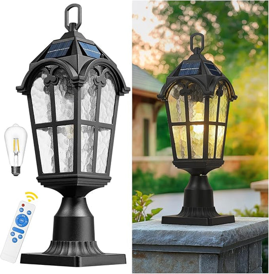 Emliviar 19" Portable Solar Post Light for Patio and Camping, Table Lamp with Pier Mount Base in Black Finish, Outdoor Solar Lighting with Water Grain Glass Shade, YXE302P-ML SL BK