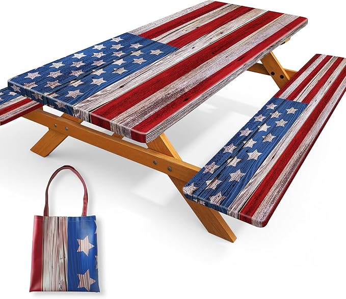 Picnic Table Cover with Bench Covers 6FT,Camping Essentials American Flag Waterproof Windproof Fitted Outdoor Tablecloth with Elastic Rectangle Table Cloth Camping Accessories