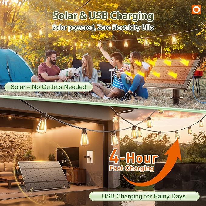 addlon 54(48+6) FT Solar String Lights Waterproof,Patio Lights Solar Powered with Remote& USB Port 24+2 LED Shatterproof Bulbs 3 Lighting Modes Outdoor Lights for Camping Backyard Garden