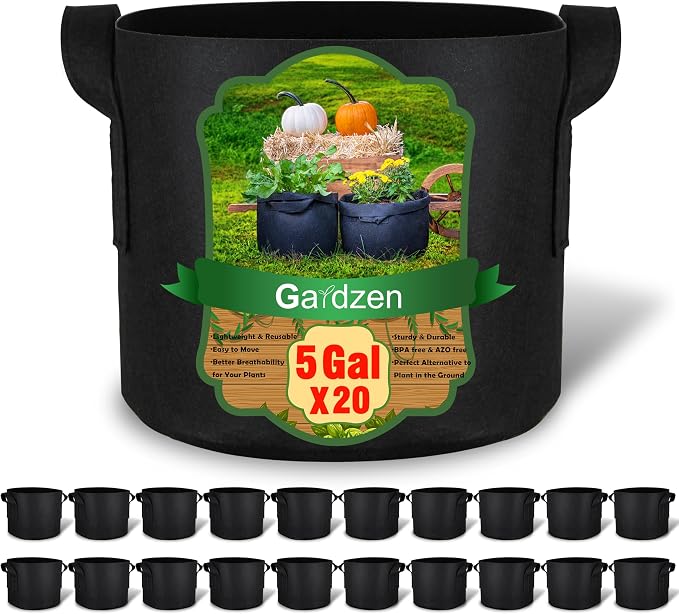Gardzen 20-Pack 5 Gallon Grow Bags, 300G Thickened Aeration Fabric Pots with Handles, Heavy Duty Plant Bags for Plants for Indoor & Outdoor Use