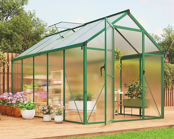 6x10 FT Greenhouse for Outdoors, Polycarbonate Greenhouse with Roof Vent, Ground Nails, Lockable Push Door, Aluminum Large Walk-in Green House for Outside Garden Backyard, Patio, Lawn, Green