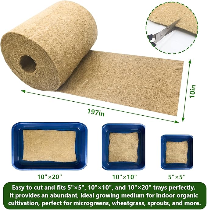 10" X 197"Microgreen Grow Mat, Hydroponic Grow Pads Natural Fiber Grow Mats, Microgreens Growing Kit, Indoor Organic Production for Wheatgrass Sprouts Starter Tray