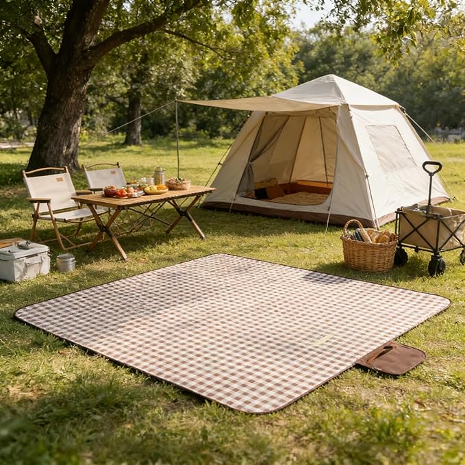 Wind Tour Waterproof Picnic Blanket with Carry Strap - Foldable Sandproof Outdoor Mat for Camping, Beach, Park - 59" x 71",Coffee Grid (Two Mat Set)