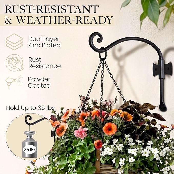 RTZEN Plant Hangers Outdoor or Indoor - Wrought Iron Metal Hanger Indoor Hook - Heavy Duty Wall Bracket Hooks for Hanging Plants Baskets Lanterns Bird Feeders - 2 Pack (Black Axe-Shape Hooks 12")