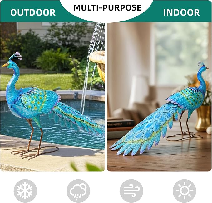 31" L Metal Peacock Garden Statue, Handcrafted Walking Peacock Large Outdoor Yard Art Decor with Iridescent Blue & Green Finish & Ground Stakes, Lifelike Sculpture for Garden Lawn Flowerbed