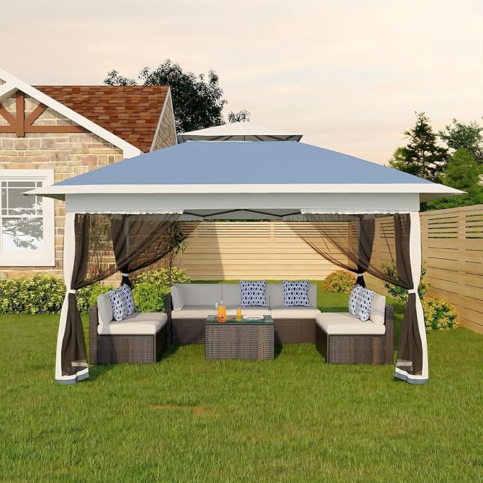 GarveeLife Canopy Tent 12x12 ft, Pop Up Gazebo One-Push Setup with 4 SandBags for Backyard Parties and BBQs, Mosquito Netting & Height Adjustable - Navy Blue