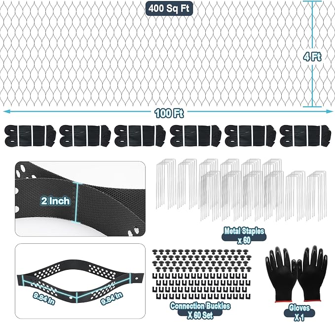 Gravel Grid 100ft X 4ft, 2'' Depth Gravel Stabilizer Grid for Pavers Base, Geogrid 1900 Lbs/Sq Ft Load with 120 Geocell Accessories & Gloves for Driveway Parking Ground Walkway Dirt Locker Slope