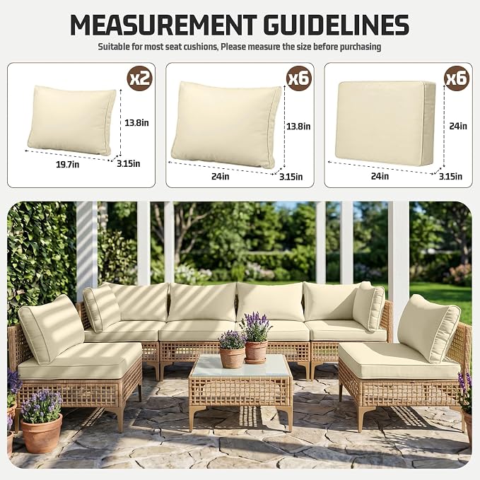 14pcs Outdoor Patio Cushion Covers Replacement, 24" Zippered Outdoor Cushion Covers Waterproof, UV Resistant & Washable Patio Furniture Cushion Covers Waterproof for Patio Sectional, Covers Only Beige
