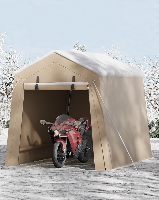 6 x 8 ft Bike Shed Storage Tent, Portable Outdoor Storage Shelter with Roll-Up Double Zipper Door, Ventilated Tarp Shed, Galvanized Steel Frame for ATV Motorcycle Bicycle Garden Tools,Khaki