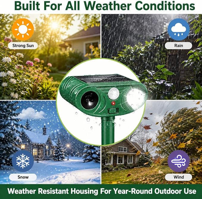 4 Pack Sonic Fortress Pro Deer Repellent Solar Animal Repeller Outdoor, Ultrasonic Cats Deterrent with Motion Sensor & Flashing Light, Deer Rabbit Squirrel Raccoon Fox Cat Repellent for Yard Garden