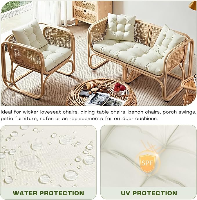 Wicker Chair Cushions Set, 2 U-Shaped Cushions & 1 Loveseat, Waterproof Outdoor Loveseat Cushion for Patio Furniture, Settee Bench Pad All Weather,Beige