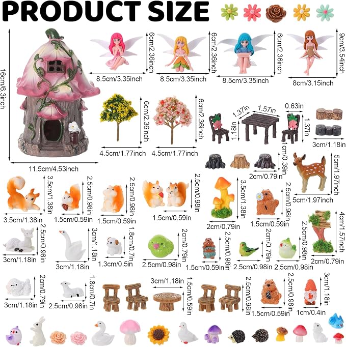75 Pcs Fairy Garden House Resin Kit Glowing Tree House Miniature Garden Fairy Animals Decor Mini Landscape Ornaments