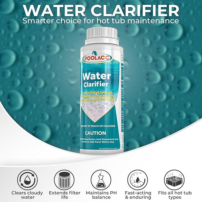 POOLACC Water Clarifier for Spa Hot Tub or Pool- Clears Cloudy Water, Improves Filter Efficiency, Keeps pH Balanced - Highly Concentrated Chemical Water Clarifier for All Spas, Hot Tubs & Pools -32 oz