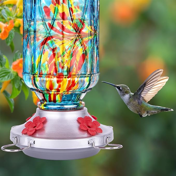 Hummingbird Feeders for Outdoors with Ant Moat, Hand Blown Glass Hummingbird Feeder, 4 Feeding Ports with Perch, Outdoor Garden Décor, 15 OZ, Blue, Gifts for Mom Wife Dad Men Women