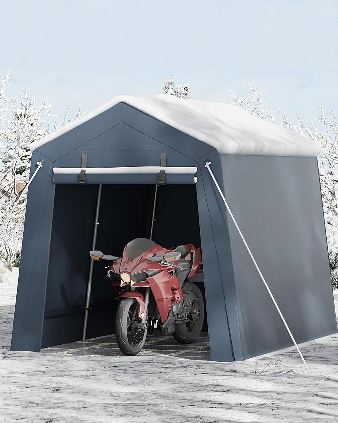 7x10 FT Portable Outdoor Storage Shed with Roll-Up Zipper Door & Vent, 240G Heavy-Duty Shelter Waterproof PE Tarp, UV-Resistant Carport for Motorcycle, Firewood, Tools -Gray