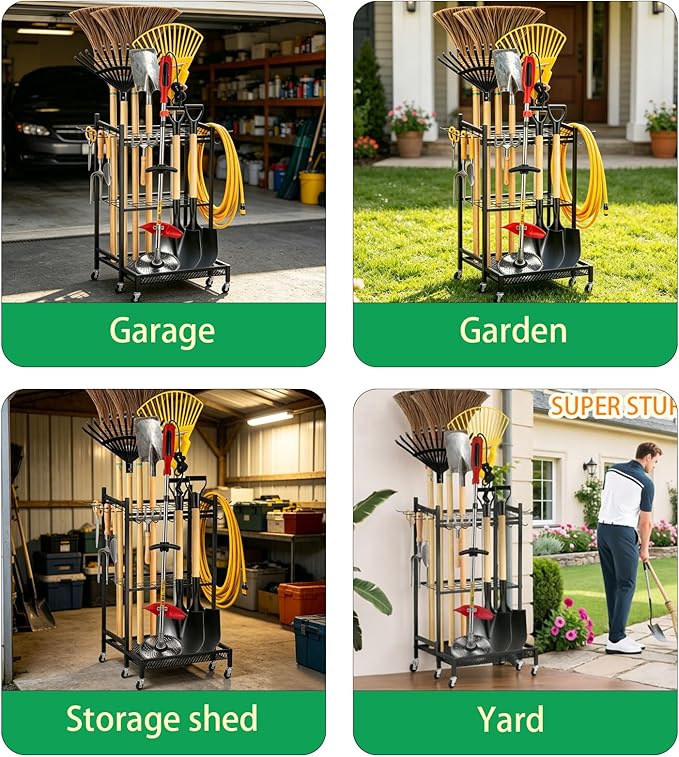 Garden Tool Organizer Rack with Wheels Up to 35 Tools, Heavy-Duty Steel Yard Tool Organizer for Garage Storage with 11 Hooks, Broom Holder & Garden Tool Rack for Shed, Patio, Lawn, Outdoor, Black