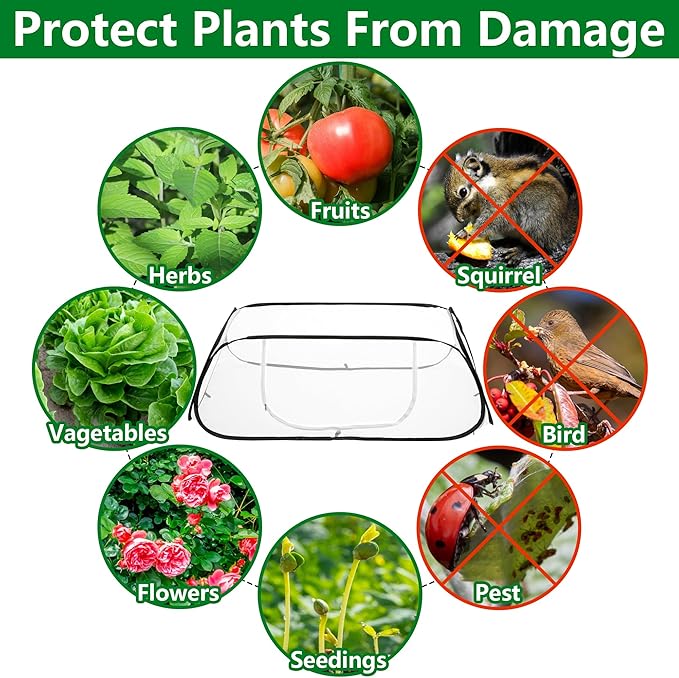 2 Pcs Pop Up Garden Rows Plant Cover, 46" x 22" x 16" Raised Garden Beds Vegetable Rows Plant Protector, Insect Bird Barrier Plant Net Cage with Stakes for Protecting Seedlings Fruits Vegetable Row