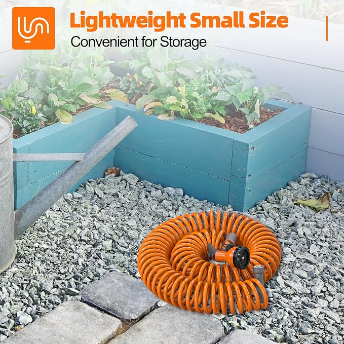 SPECILITE 3/8” Lightweight Coil Garden Hose 50 FT, EVA Retractable Curly Water Pipe with 6-Pattern Spray Nozzle for Boat, Greenhouse, Yard, Patio (Orange)