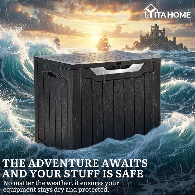 YITAHOME 31 Gallon Deck Boxes Set of 2, Lockable Outdoor Storage Bins with Silver Decorative PVC Trim Panels for Patio Cushions, Garden Tools, Weather-Resistant Resin Storage Solution, Black & Silver
