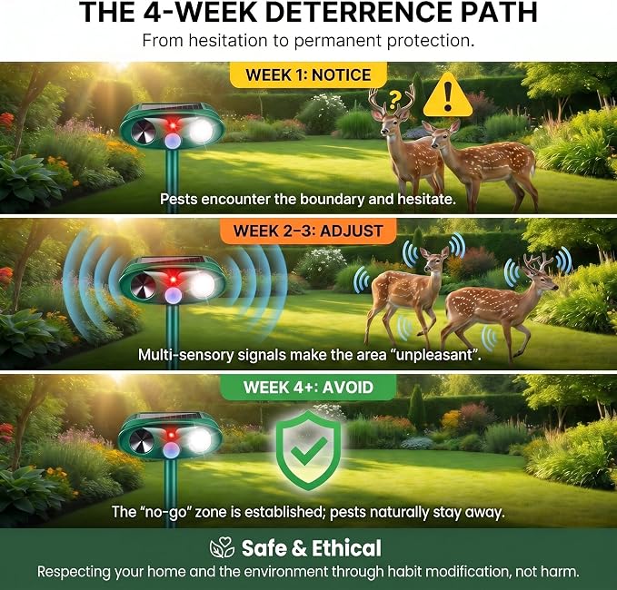 2 Pack Sonic Fortress Pro Deer Repellent Solar Ultrasonic Animal Repellent Outdoor Cat Deterrent with Motion Sensor Strobe Light for Rabbit Raccoon IP65 Waterproof Squirrel Repellent for Yard Garden