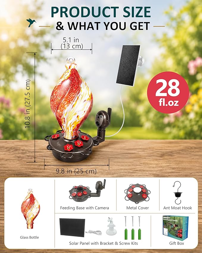 LUJII Smart Hummingbird Feeder with Camera, Hand Blown Glass for Outdoor Hanging, Solar WiFi Feeder with Live View App, 6 Feeding Ports, Leak-Resistant Design, Ant Moat & Gift Box, 28 fl oz, Red