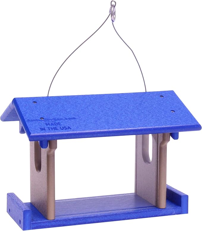 Bluebird Feeder - Poly Lumber - Hanging Blue Bird Feeder for Mealworms (Blue and Weathered Wood)