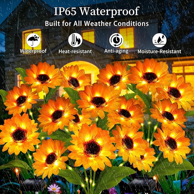 Solar Garden Lights Outdoor, 3 Pack Solar Sunflower Lights with 18 Head 3.4 Inch Flowers, Waterproof Flowers Light Fall Thanksgiving Decorations for Garden Yard Patio Backyard, Gifts for Mom Women