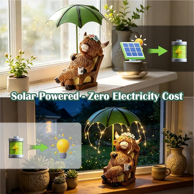 Pohabery Solar Highland Cow Garden Statue with Umbrella Lights - Resin Mother & Calf Outdoor Decor, Waterproof LED Yard Art for Patio, Lawn & Porch | Perfect Housewarming & Garden Gift