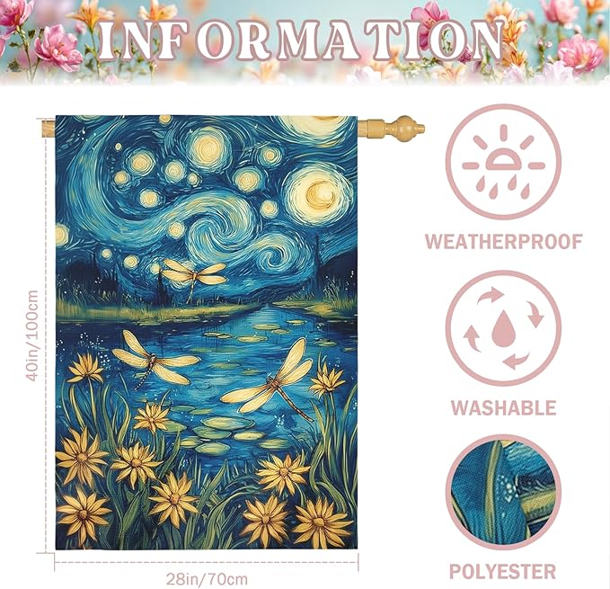 Summer Daisy House Flag Starry Night Style Floral Garden Flags with Dragonflies Spring Lake Landscape Artistic Impressionist Flower Banner Outdoor for Lawn Patio Porch Seasonal Home 28 x 40 Inch