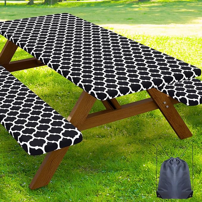 Smiry Picnic Table Cover with Bench Covers, Waterproof Elastic Fitted Tablecloth for 8 Foot Tables, Washable Polyester Tablecloths for Camping, Indoor & Outdoor (Black, 30x96 Inch 3-pc Set)