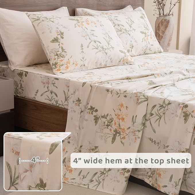 QSH Floral Queen Size Sheet Sets - 100% Egyptian Cotton Sheets Elegant Yellow Green Leaves Pattern Printed Bedding Sheets Queen Size Bed Extra Soft and Breathable 4pcs Deep Pockets Bed Sheets
