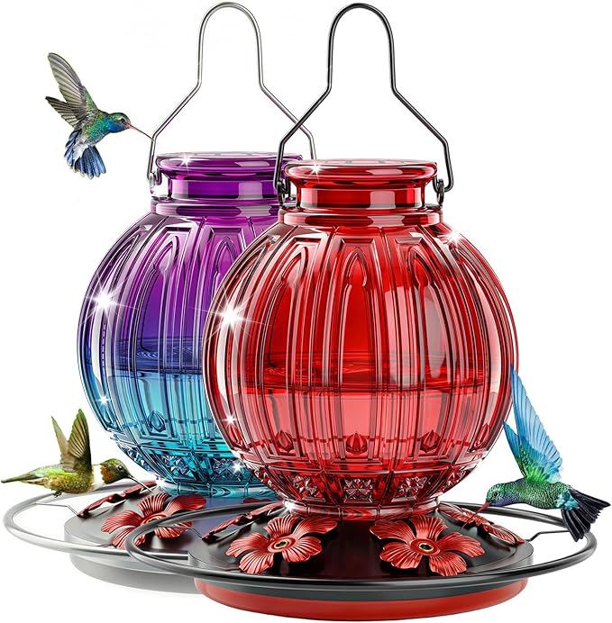 2 Pack Glass Hummingbird Feeder for Outdoors Hanging, Bird Nectar Feeder with Perch & 5 Flower Feeding Ports, 26 Oz Leak Proof for Outside Garden Decor Backyard, Gifts for Women Mom, Red + Purple Blue