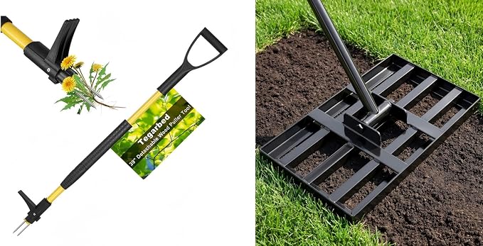 39" Stand Up Weed Puller Tool - Heavy Duty Detachable 3-Claw Weeder with Ergonomic Long D-Handle Lawn Leveling Rake 17x10 inch, Heavy Duty Ground Leveler for Soil, Sand