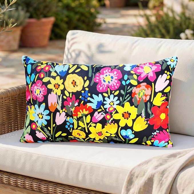 Adabana Spring Outdoor Waterproof Floral Pillow Covers Set of 2 Square Colorful Couch Cushion Cases 20x12 Inch Waterproof Decorative Pillows for Patio Garden Beach,Black