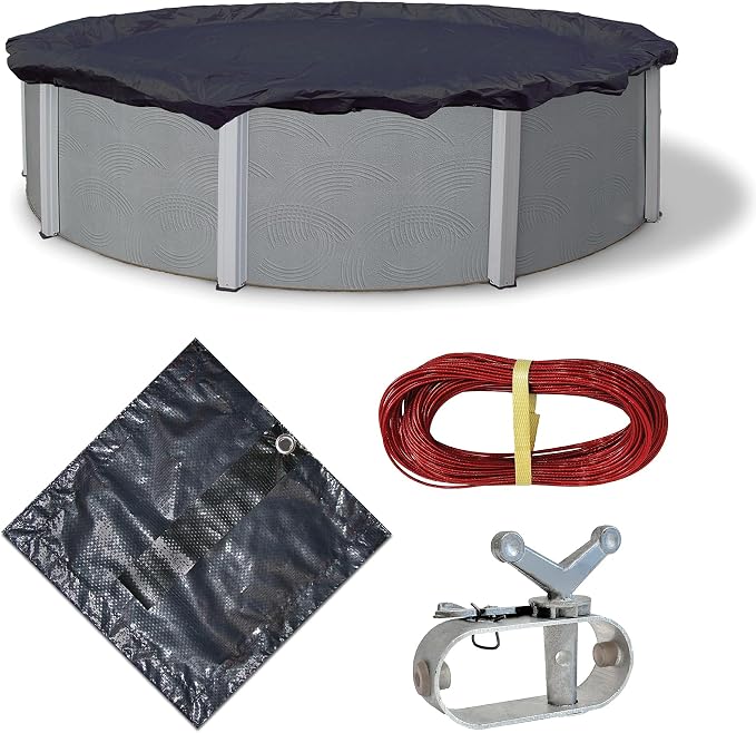 Blue Wave 8-Year 12-ft Round Above Ground Pool Winter Cover | Solid polyethylene, heat-sealed seams, underside, cable, winch, grommets, 4-ft overlap, 8-yr support, blocks debris & snow