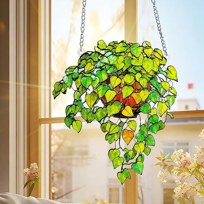 Plant Suncatcher Glass, Stained Glass Suncatcher Plant Window Hanging, Unique Nature Lover Gifts Leaf (Green)