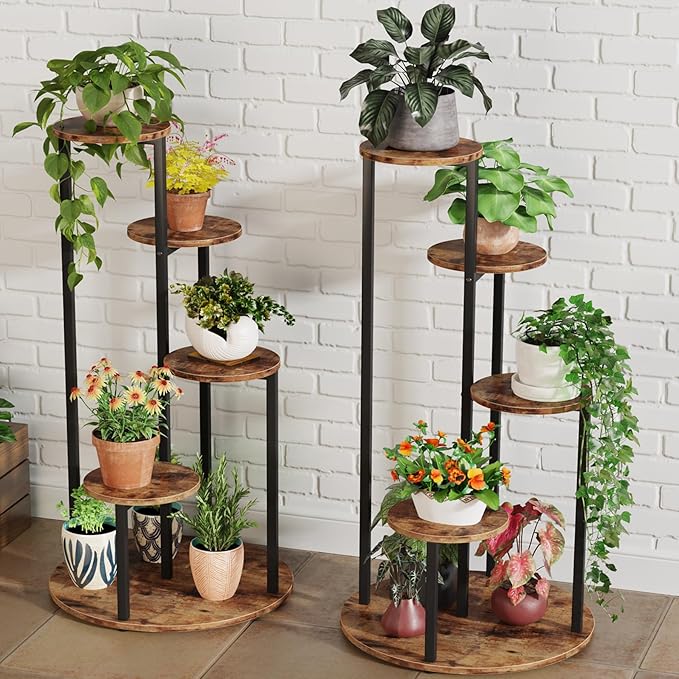 LITTLE TREE 5-Tier Corner Plant Stand, Free Standing Wood Metal Flower Rack Pot Shelf Display with Round Board, Garden Patio Balcony Plant Holder for Indoor Outdoor Living Room, Bedroom, Rustic Brown