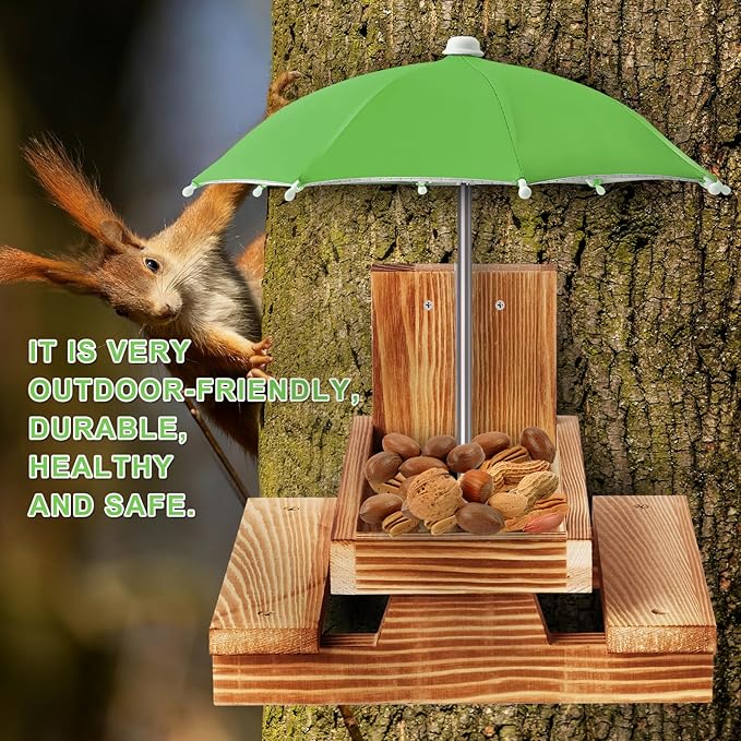 Gnodary Squirrel Feeder with Umbrella, Squirrel Feeders for Outside, Squirrel Picnic Table Feeder - Chipmunk Feeder Hold Corn, Corn Cob, Peanuts Style2 (Green)