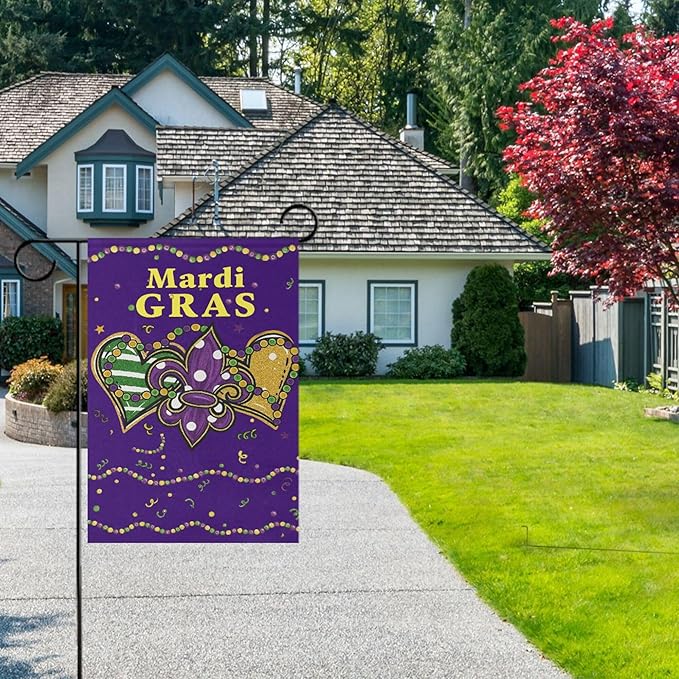 Mardi Gras Purple House Flag 28x40 Inch Double Sided Outside Fleur de Lis Welcome New Orleans Carnival Yard Outdoor Flag Banner for Garden Lawn Patio Holiday Decorations